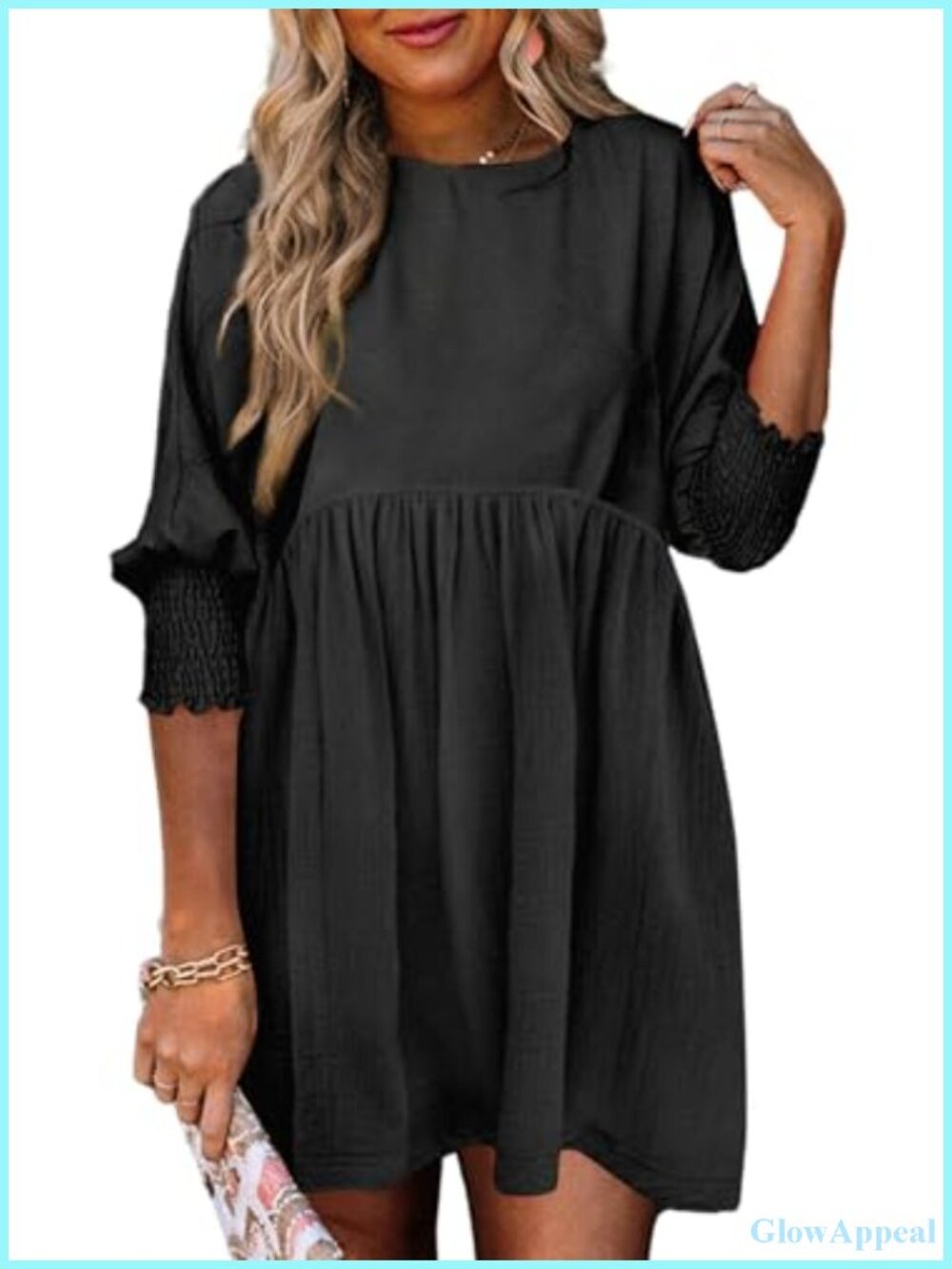 Dokotoo Womens Babydoll Mini Dress 3/4 Sleeve Empire Waist Swing